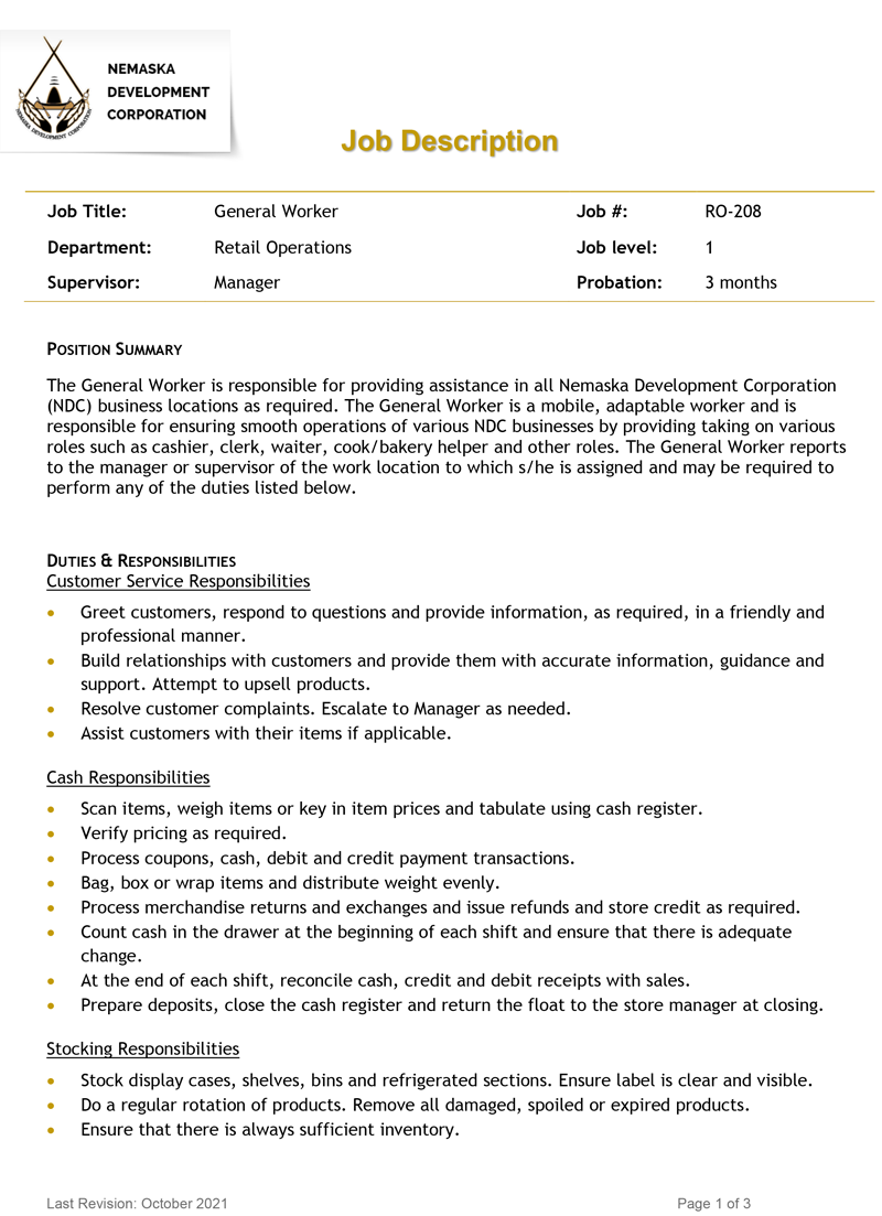 Worker description general job Job Descriptions